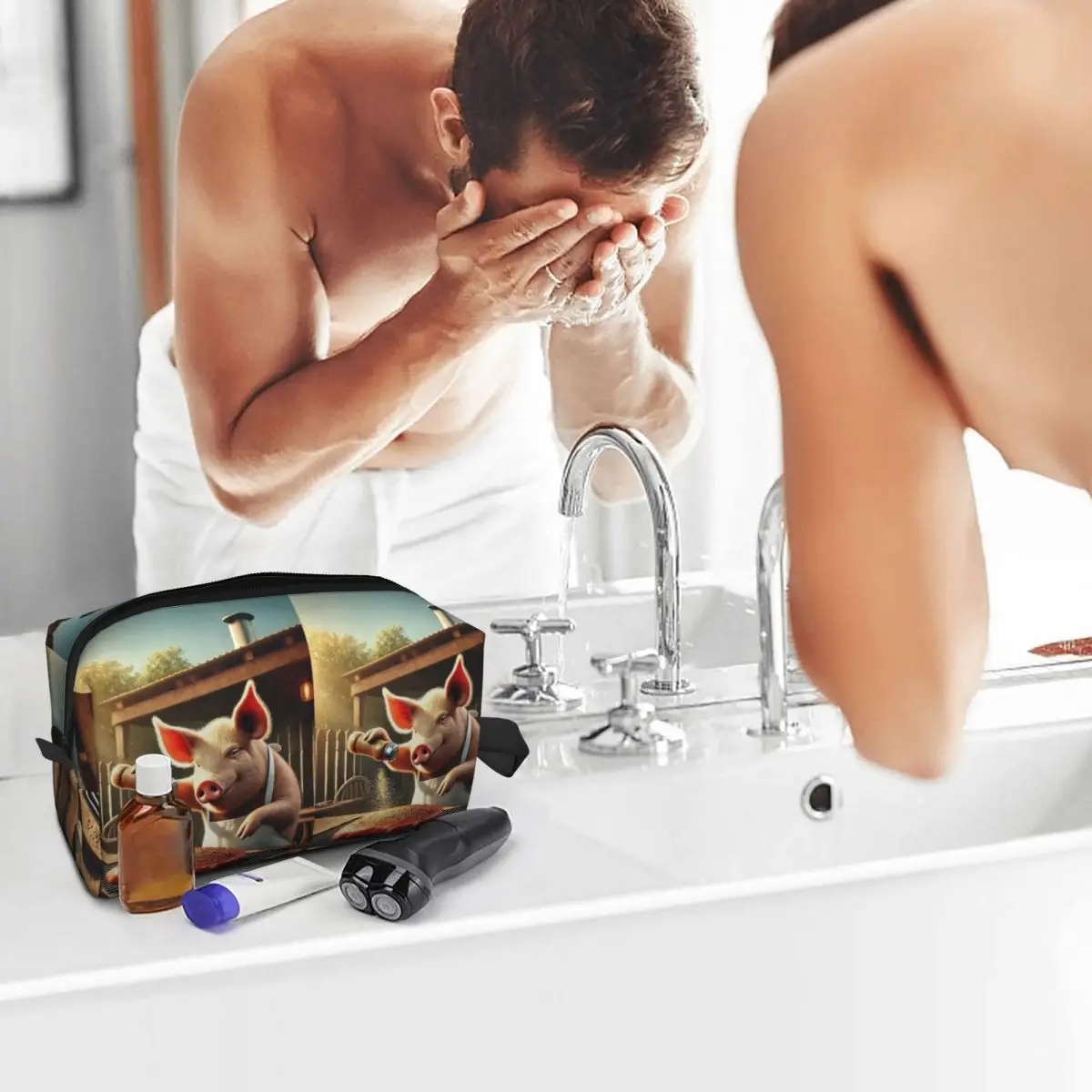 Cooking Pig Cartoon BBQ Scene Makeup Bag Cosmetic Organizer Storage Dopp Kit Toiletry Cosmetic Bag for Women Beauty Travel