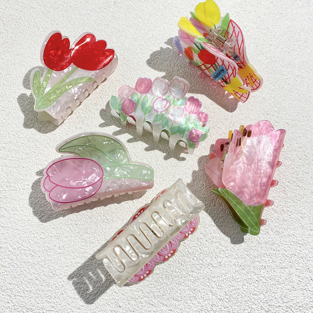 Sweet Colorful Flower Printed Pattern Hair Claw Clip For Women Girls New Tulips Floral Crab Clamp Hair Accessories Oversize Tool