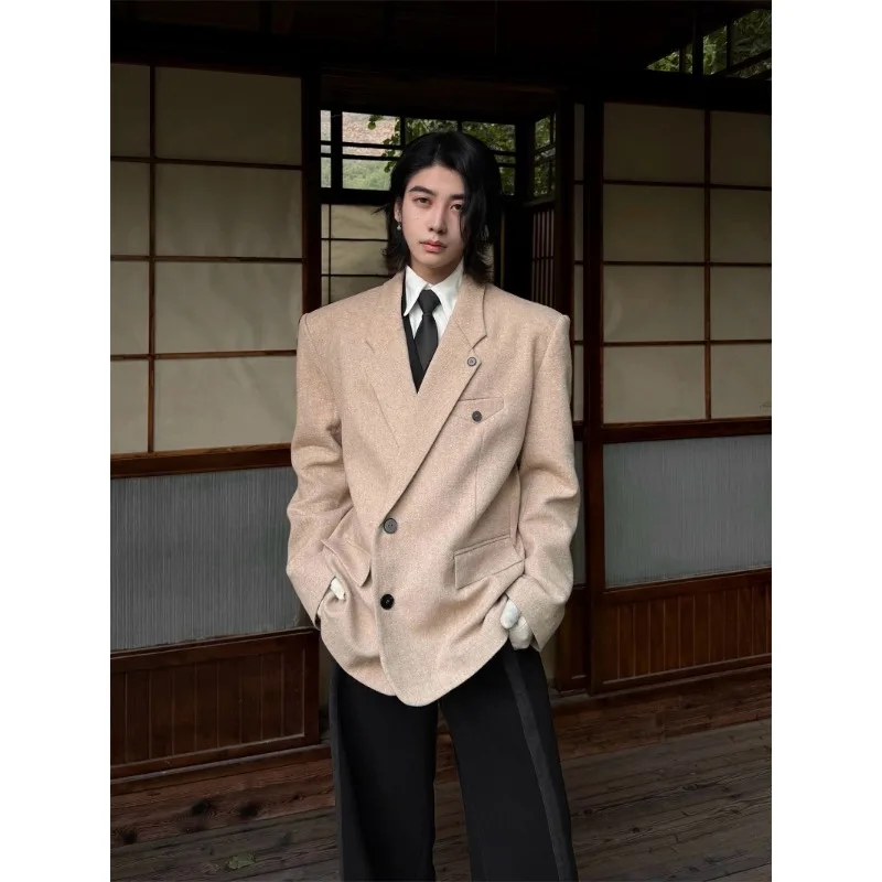 Fashion Men Wind Wool Blend Blazer Vintage Silhouette Suit