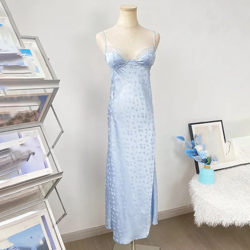 

Chinese Jacquard Long Nightgown Sleepwear Sexy Suspender Nightdress Home Cothes Silky Satin Nightdress Homewear
