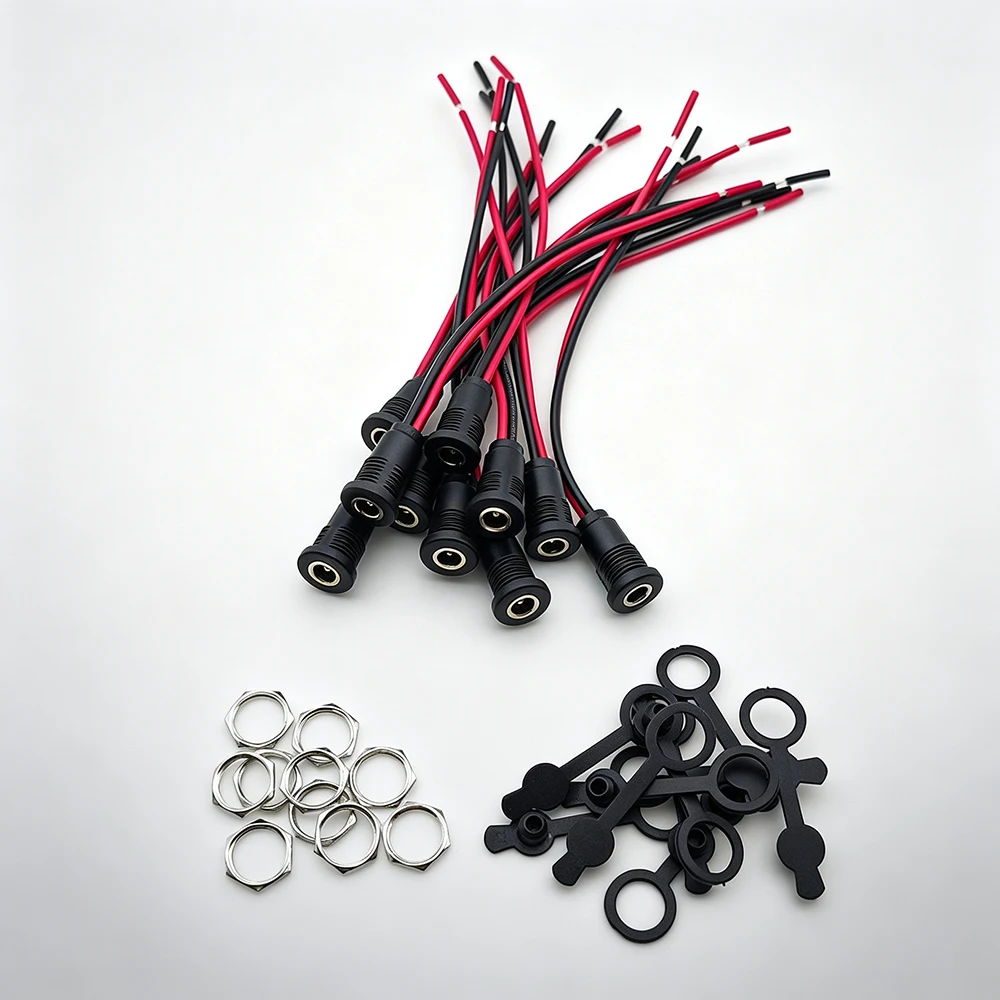 10 Pcs 5.5x2.1 mm DC Power Socket Female Panel Mount Jack Connector with Dust Cover 20AWG Wire Cable