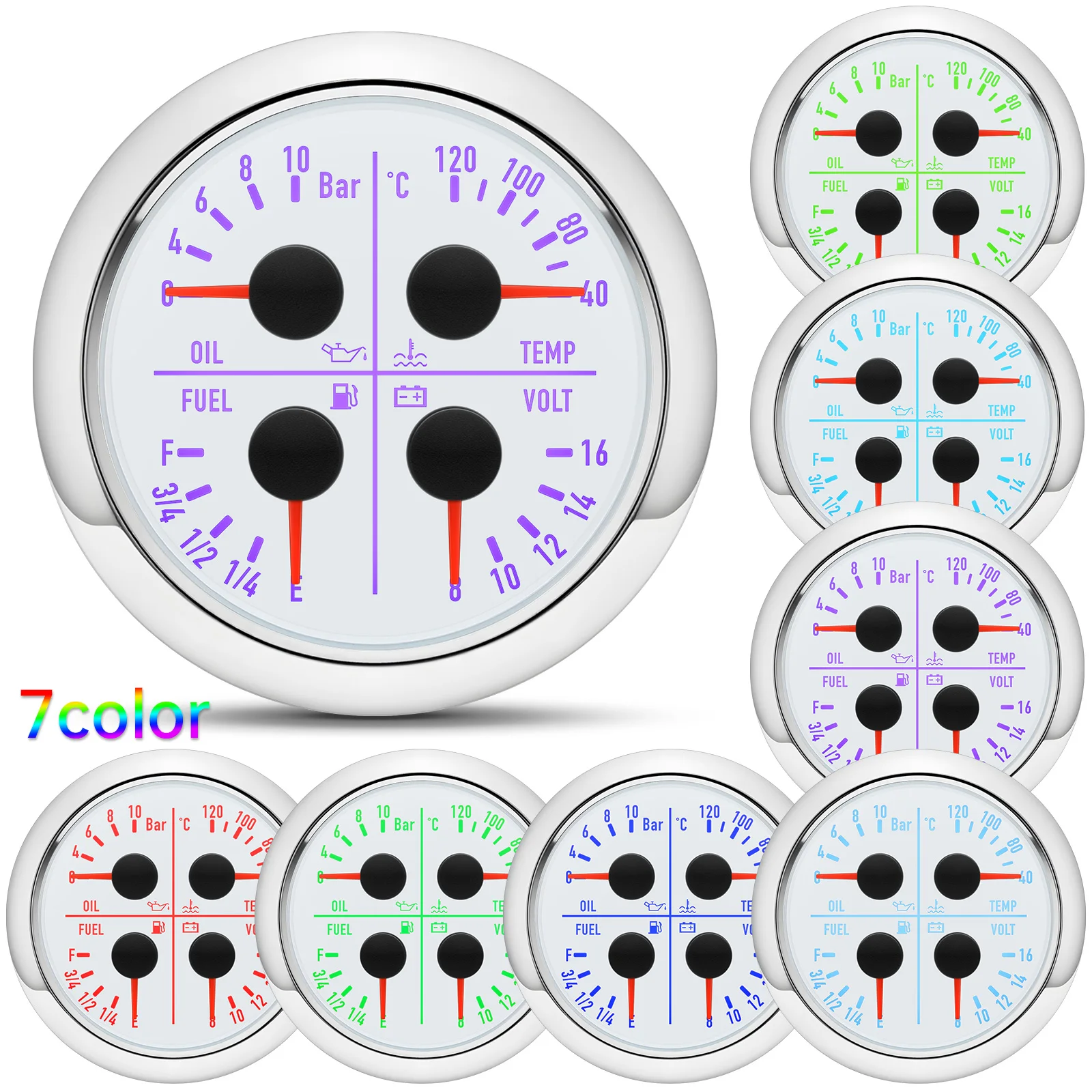 ZMFJH Marine Boat Yacht Car 80MM Oil Pressure+Water Temperature+Fuel Level Gauge+Voltage 7 Color with Oil Float Sensor 100-550MM