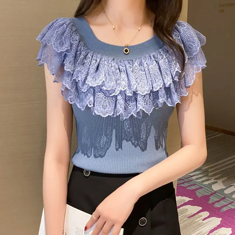 Lace Patchwork Ice Silk Knitted T-shirt Women Sleeveless Off Shoulder Tank Top Y2k Tops