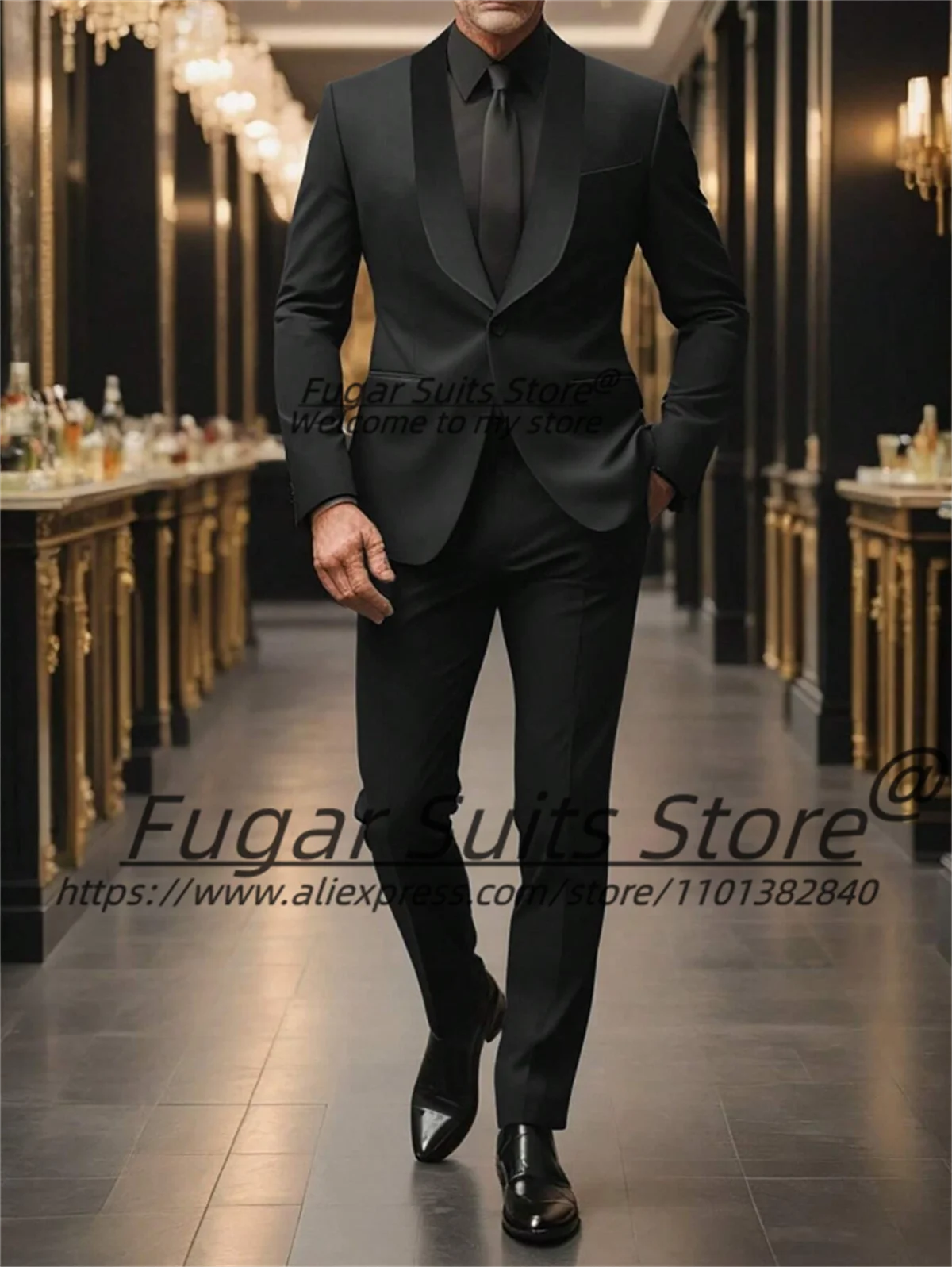 Black Luxuly Wedding Suits For Men Slim Fit Shawl Lapel Groom Formal Tuxedos 2 Pieces Sets Business Male Blazers Costume Homme