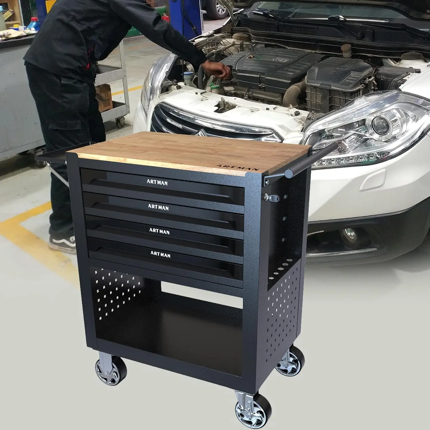 Rolling Tool Cart 4 Drawers Wheels Multifunctional Mechanical Tool Workbench Wooden Top Folding Tray Lockable Storage Toolbox Ca