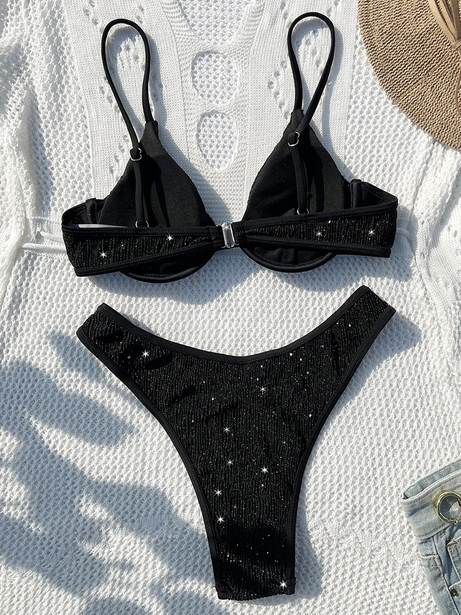 Shiny Sparkling Underwired V-bar Bikini Women Swimwear Female Swimsuit Two-pieces Bikini Set Smocked Push Up Bathing Suit Swim