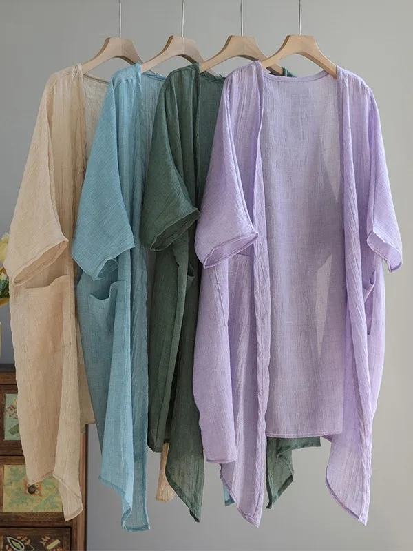 

Women's Linen Mid-Length Thin Open Cardigan awl Sunscreen Outerwear Artistic Loose Fit Batwing Sve One-oulder irt