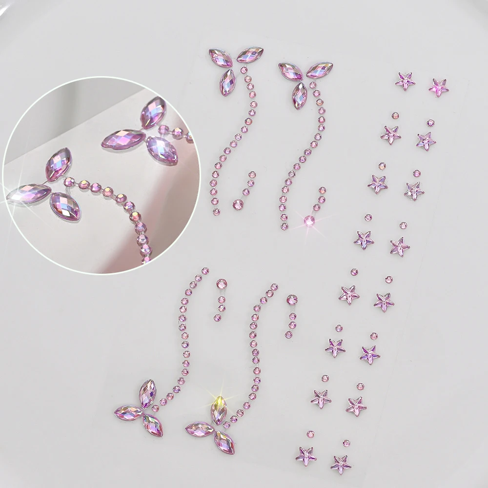 1pcs 3D Pink Stars Face Stickers Eyes Crystal Rhinestones Self-adhesive Gems for Festive Party Makeup Dress Up Diamond Stickers