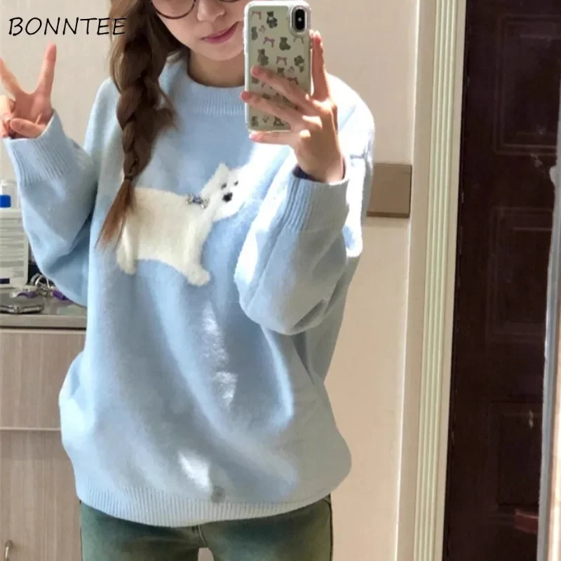 

Sweet Pullovers Women's Dog Printing Knitted Tops Свитер Женский Lovely Baggy Tender Comfortable Ulzzang Корейская Мода Gentle