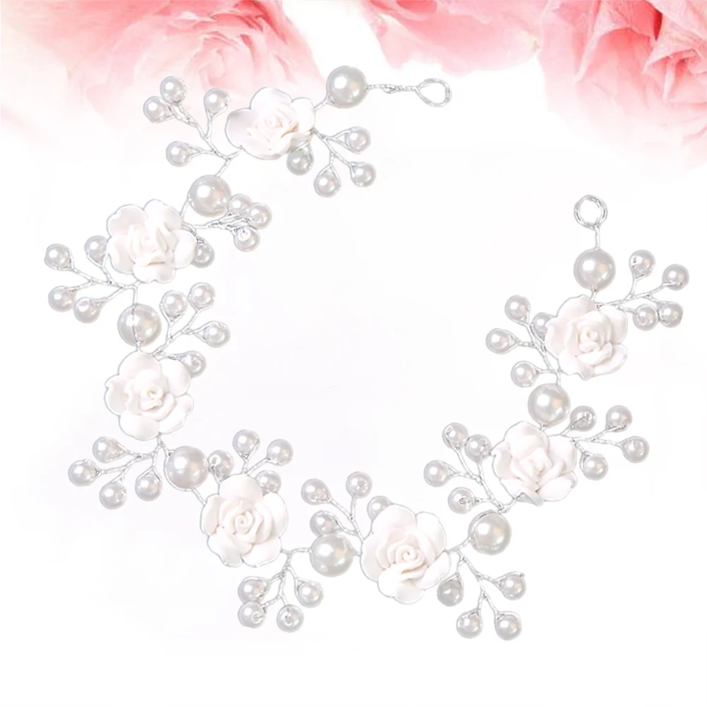 

Повязка на голову из полимерной глины с розой и белым жемчугом, элегантный свадебный головной убор для женщин и девочек, вечерние аксессуары для волос