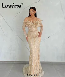 Elegant Arabic Boat Neck Evening Dress Champagne Mermaid Long Sleeves Sequins Beaded Women Wedding Party Dresses Prom Gowns Robe