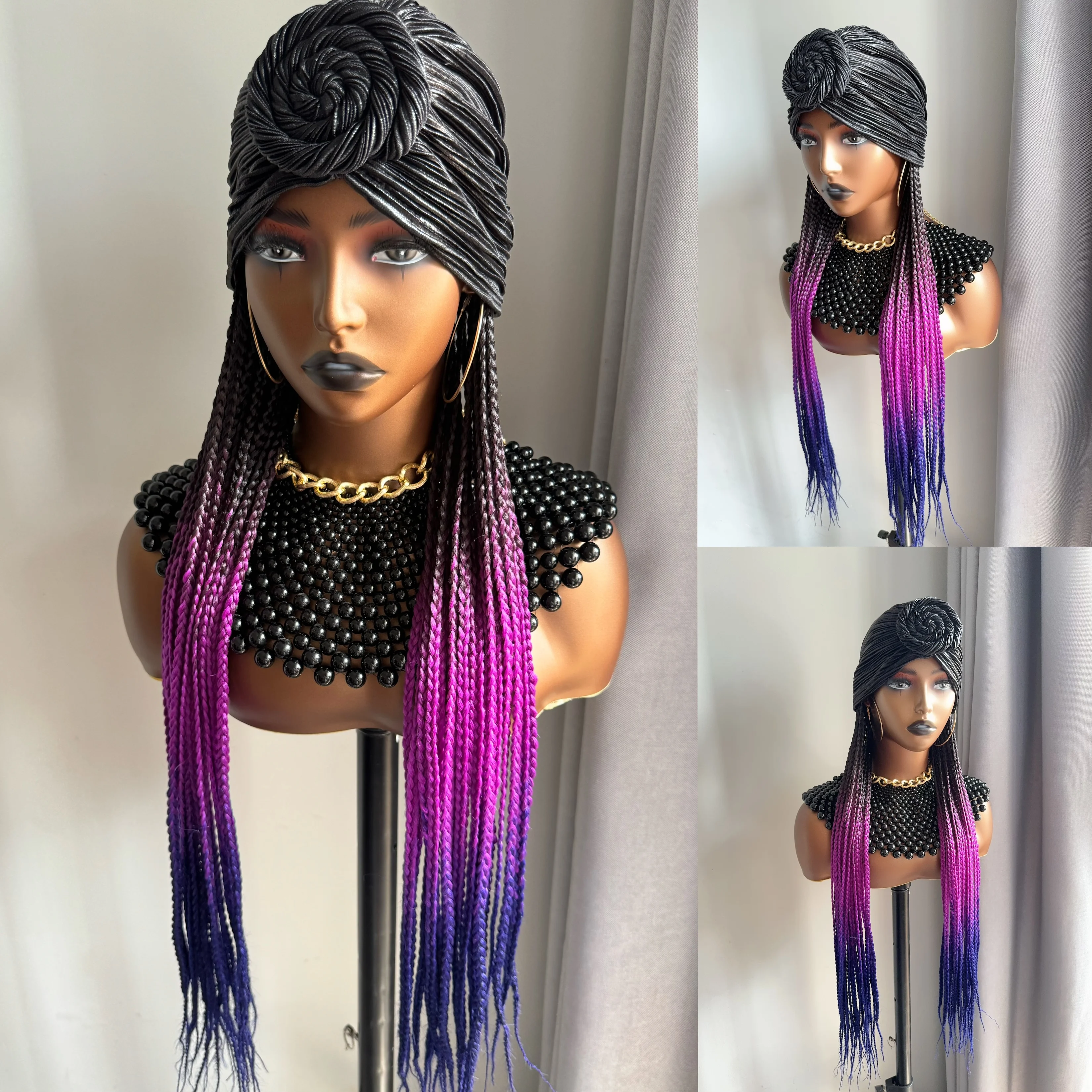 Long 24Inch Ombre Black Burgundy Braided Synthetic Wig With Black Headband Turban With Braiding Hair Extensions For Black Women