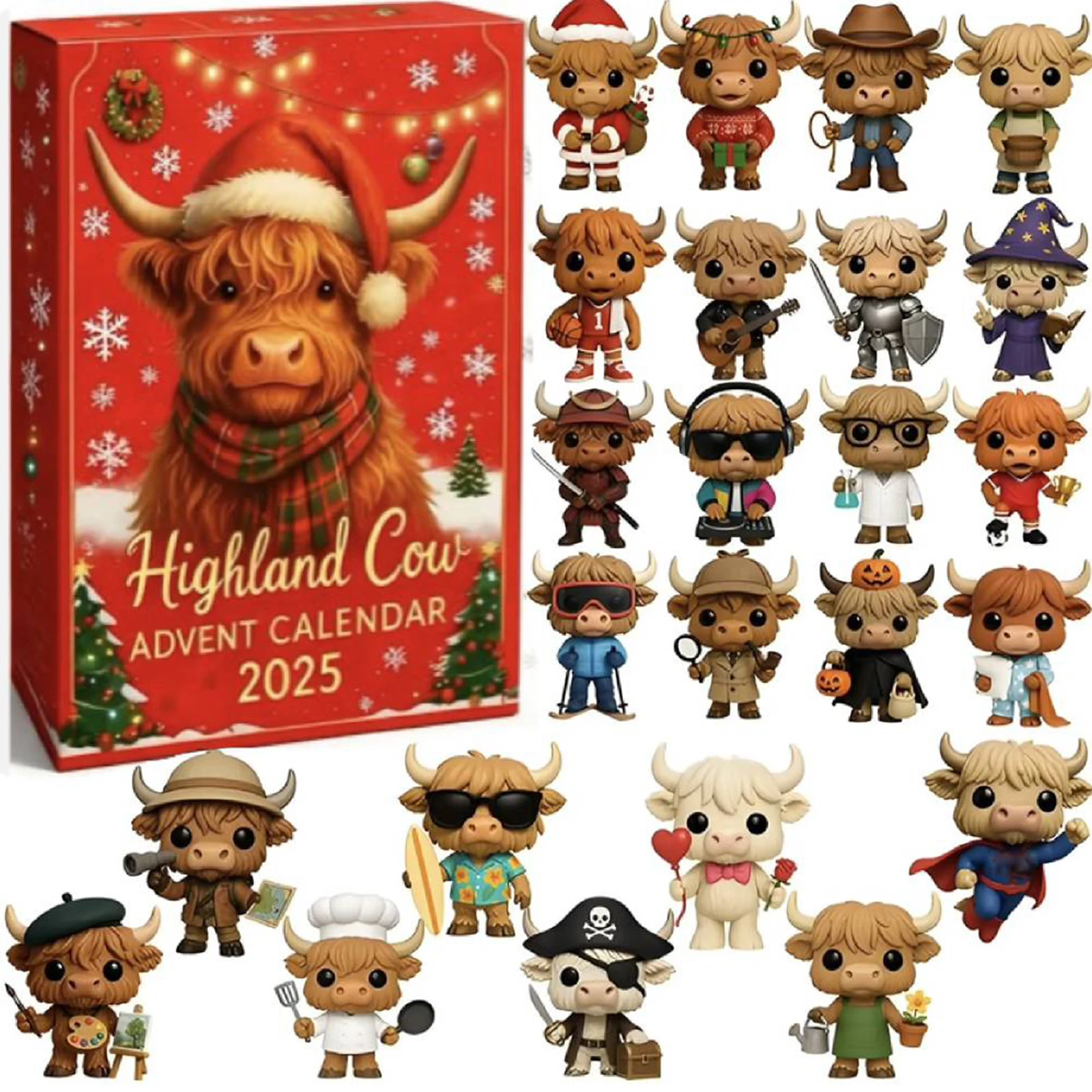 

C5 Christmas Highland Cow Advent Calendar 24 Days Christmas Countdown Calendar 3D PVC Highland Cow Ornaments Xmas Christmas Gift