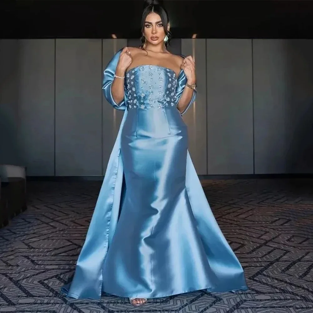 

Customized Sparkly Satin Trumpet Blue Formal Evening Dresses Off The Shoulder With Beading Floor Length Party Prom Gow