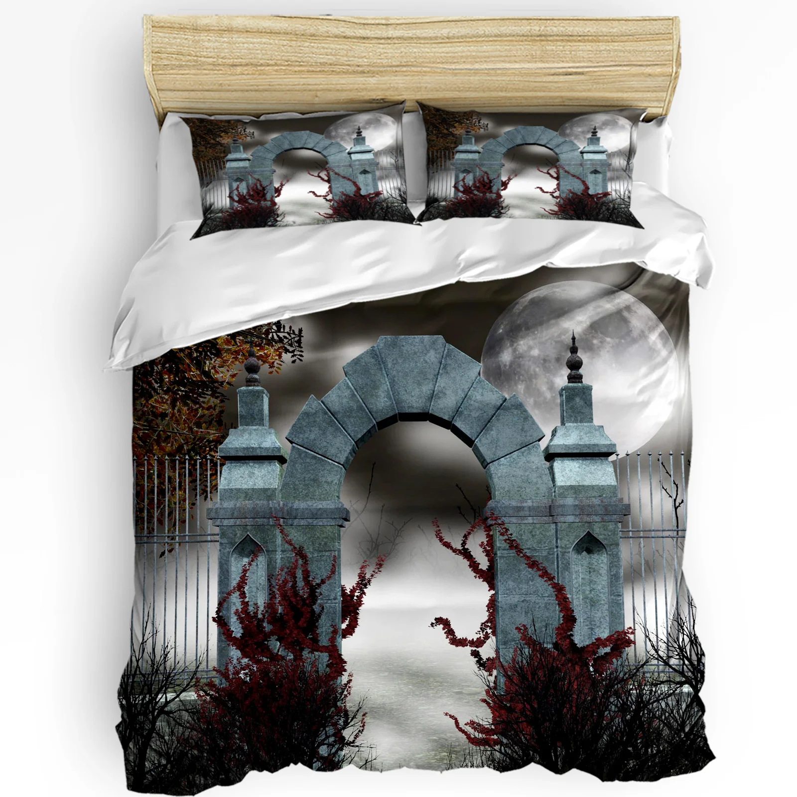 Arch Stone Moon Night Fog House Door 3pcs Bedding Set For Bedroom Double Bed Home Textile Duvet Cover Quilt Cover Pillowcase