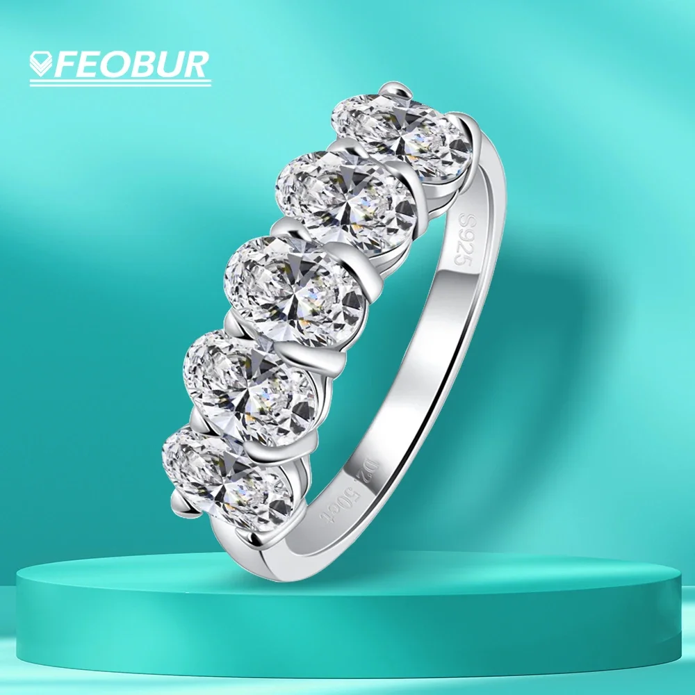 

5 Stone Oval Cut Moissanite Rings for Women Engagement Wedding Band GRA Certified 925 Sterling Silver Half Eternity Ring Jewelry