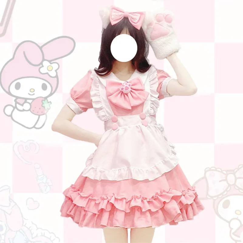 Student Anime Lolita Cosplay Costumes Kawaii Cat Paw Pink Bow Apron Maid Outfits Lace Ruffles Princess Party Dress WomenClothing