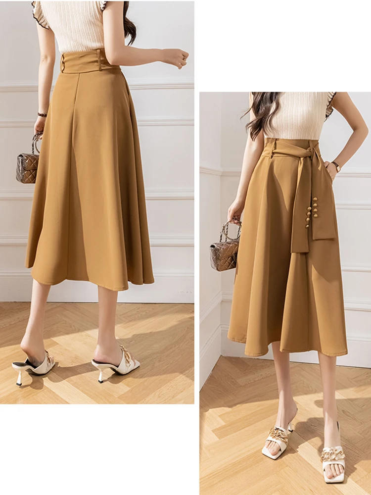 Spring Summer Women's Long Skirts Aesthetic High Waist A-Line Falda Largas Fashion Korean Style Belt Bandage Maxi Umbrella Skirt