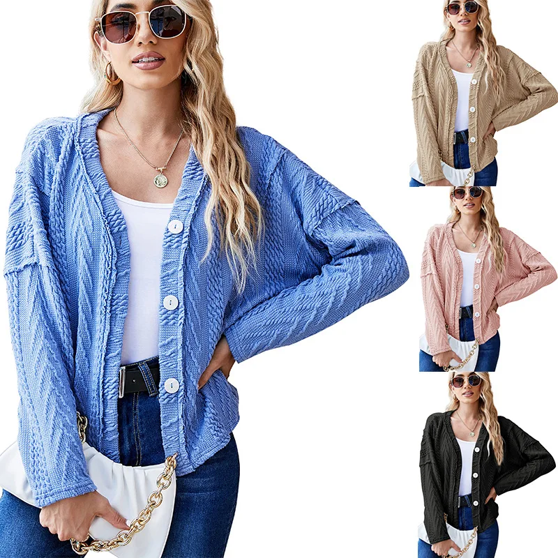 Pure Color Sweater Women Spring And Autumn Mid-length V-neck Simple Temperament Knitted Cardigan Casual Single-breasted Sweater