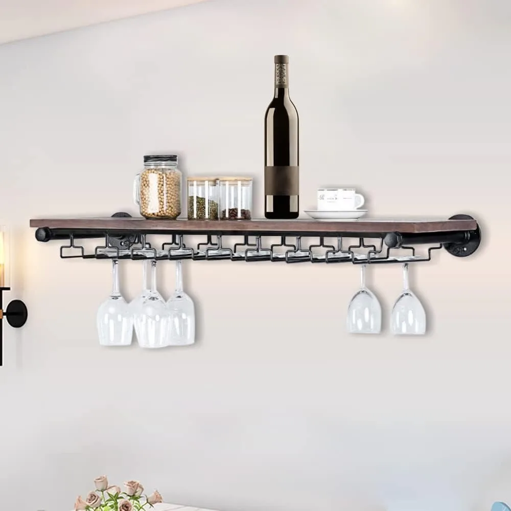 

Industrial Pipe Shelf Wine Rack with Stem Glass Holder Rustic Wall Mounted Bar Shelves Bottle Holder Floating Wood Storage Shelf