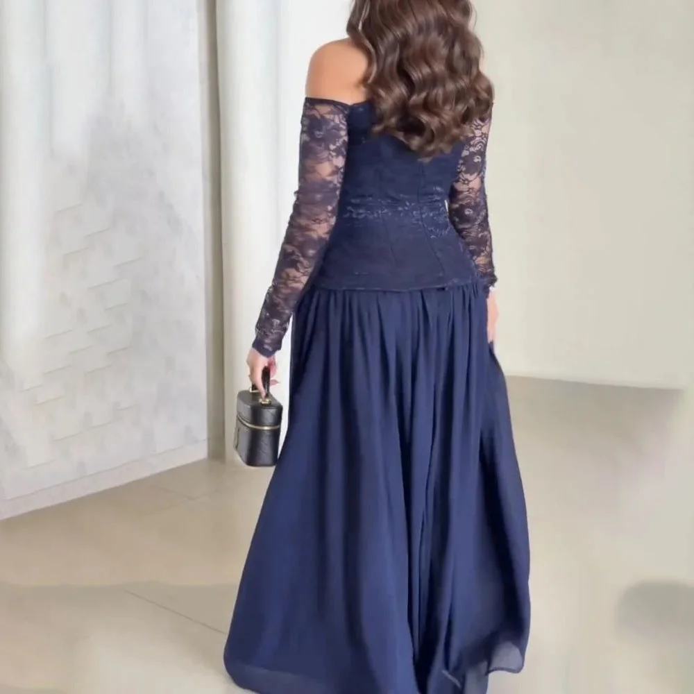 Sukienka na bal dla kobiet z wykwintną koronkową aplikacją, długi rękaw, urocza suknia wieczorowa w stylu syreny z dekoltem w łódkę, marszczona suknia na przyjęcie.