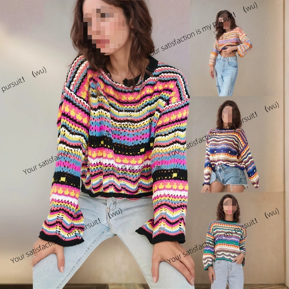 

Осенне-зимний новый вязаный свитер в европейском и американском стиле, свободный полосатый свитер с круглым вырезом для женщин