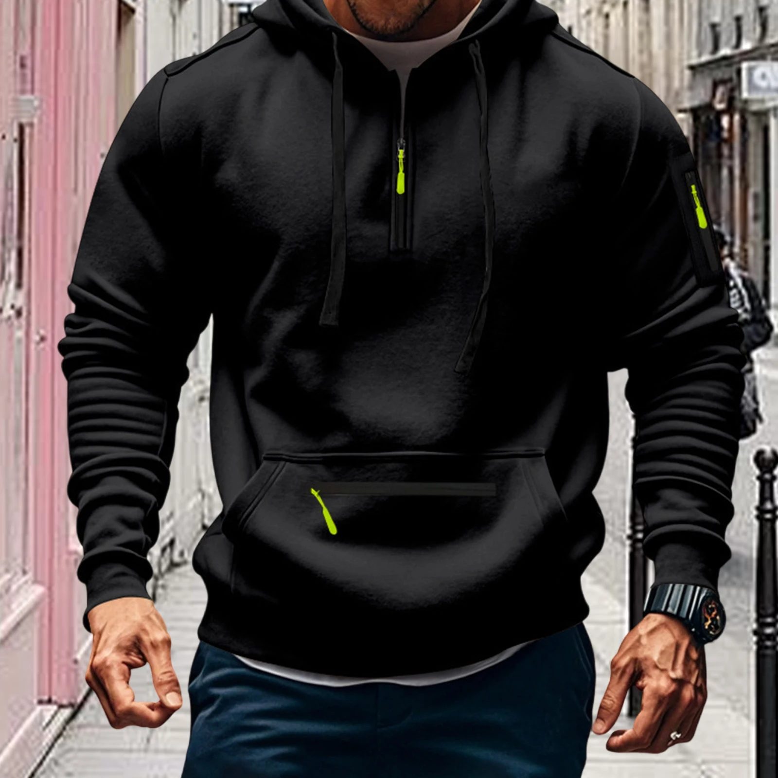 Moletom masculino outono inverno com cordão e bolsos casual de manga comprida com capuz