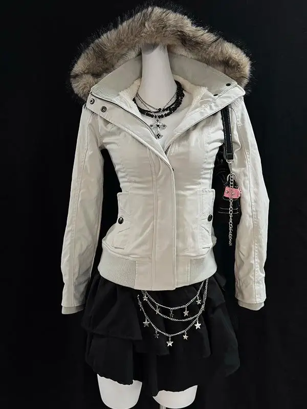 

Chic Fce Lined Hooded Jaet in Cry Beige for Women Original American Retro Sle by Weifeng Reduces Ageing Beautiful