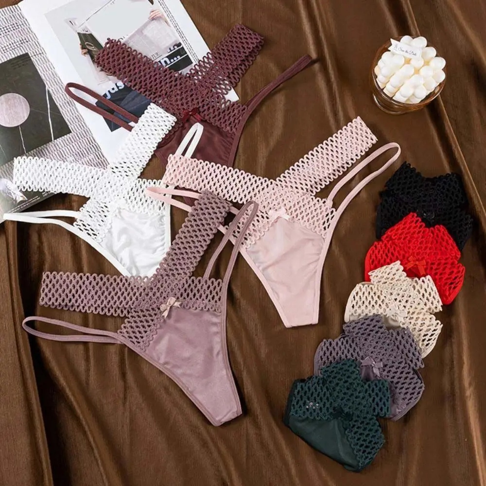 أزياء منخفضة الخصر الجوف خارج سيور Bowknot السروال الحرير الحرير سراويل رقيقة النمط الفرنسي المرأة شبكة ملخصات سيدة #5