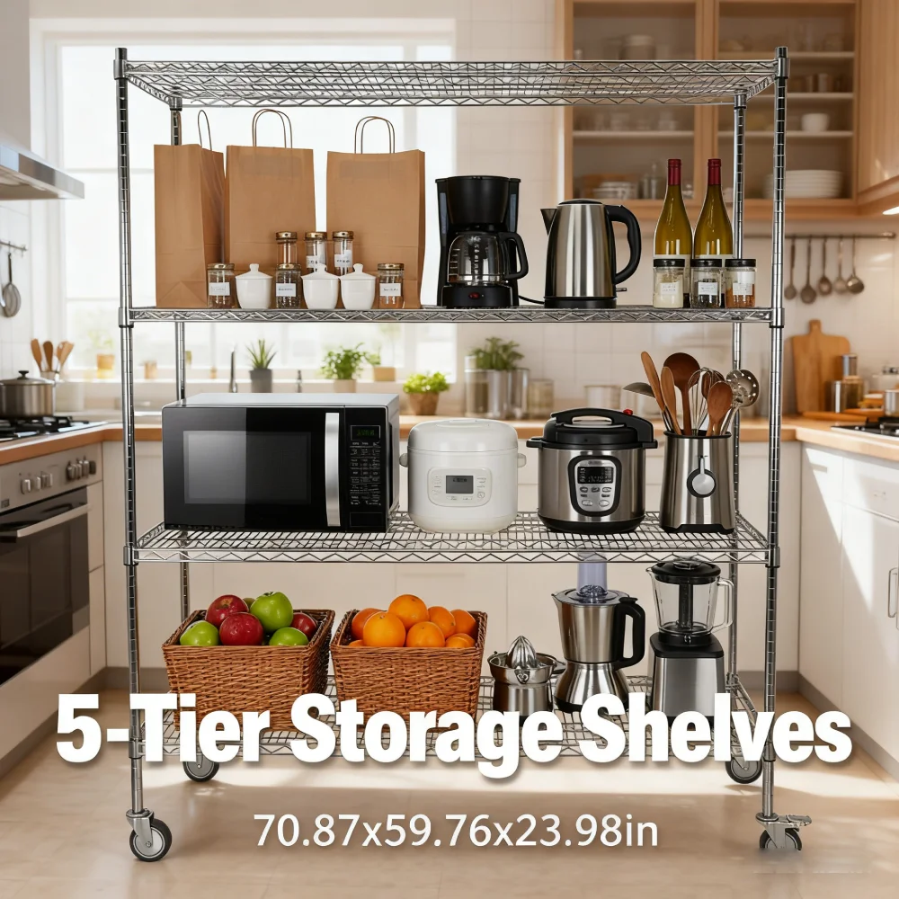 رفوف معدنية صناعية مكونة من 5 طبقات رف تخزين فولاذي شديد التحمل مع رف تخزين بعجلات مقاس 70.87 × 59.76 × 23.98 بوصة للمستودع #2