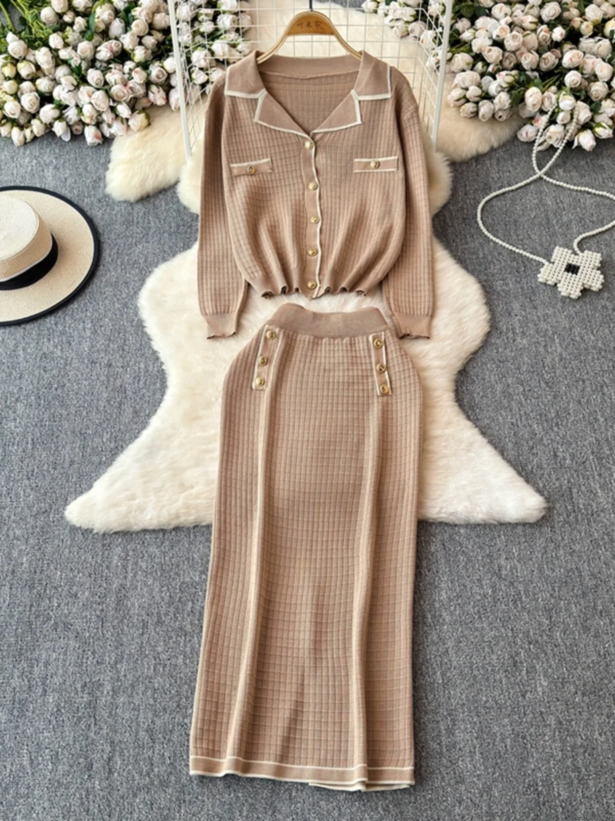 Autumn Winter Knitting Two Piece Dress Suits Women Patchwork Knitted Cardigans Pencil Midi Long Skirts Sets 2pcs Outfits