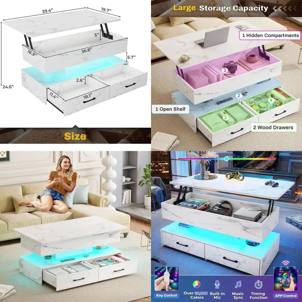 

Журнальный столик с белым мрамором и подъемным верхом для хранения и светодиодной подсветкой для гостиных и столовых