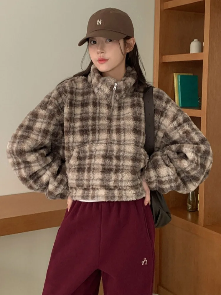 

Retro Furry Color Blo Plaid f Zipper Stand Collar Sweatirt Women's ort Sle Winter New Arrival Korean Sle Top
