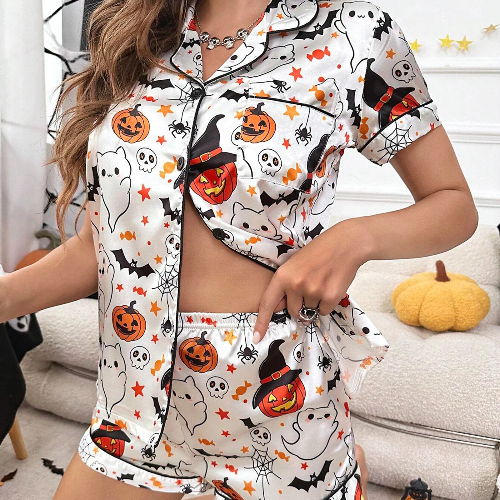 Women Halloween Pajama Sets Gothic Ghost Pumpkin Print Short Sleeve Button Satin Shirts Shorts Sleepwear Loungewear Homewear