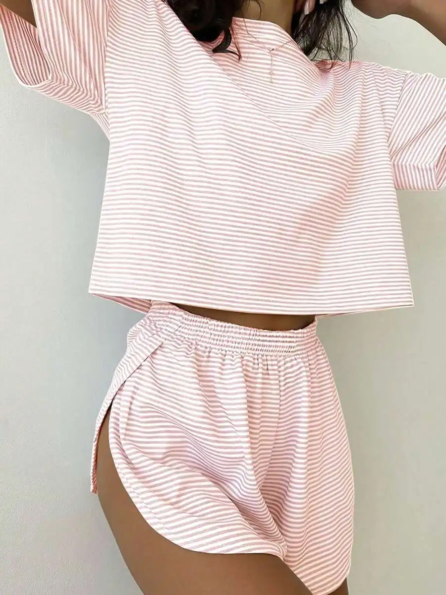 

Pink Stripe 2-Piece Lounge Set with Cropped Top & Side Slit Shorts for Spring Summer Home Wear