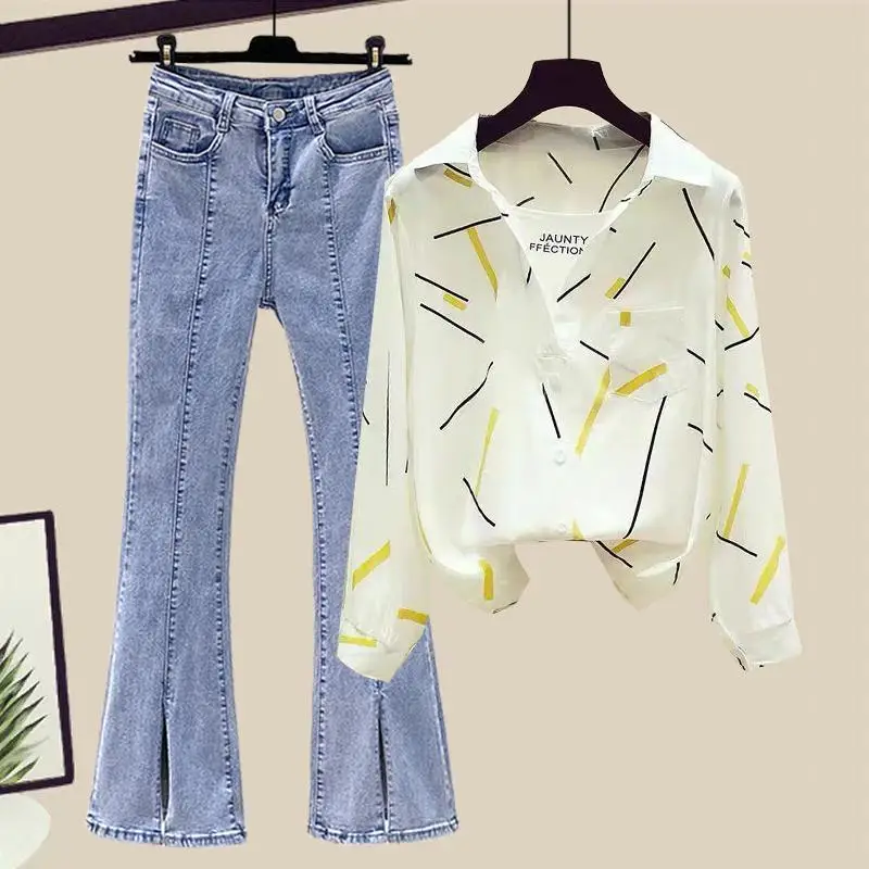 2023 Korean Style Striped Long-sleeved Chiffon Shirt Blouse Wide Leg Jeans Two-piece Elegant Women's Pants Suit Summer Outfits