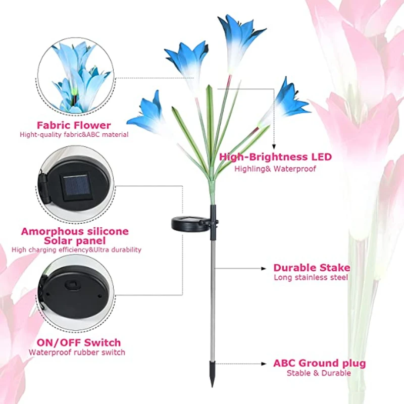 LED Garden Lights with 4 Head Lily 7 Color Variations Solar Lights Romantic Flower Atmosphere Lights for Lawn/Yard/Wedding Decor