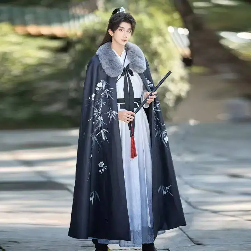 

Original Autumn Winter Bamboo Hanfu Cloak Thicken Velvet Dense Plush Collar Outer Long Robe Ancient Handsome Knight Riding Cape