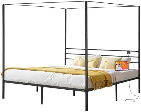 Canopy Bed Frame King Size, Metal Canopy Bed with Charging Station and Four Posters Design, Heavy Duty Steel Slats