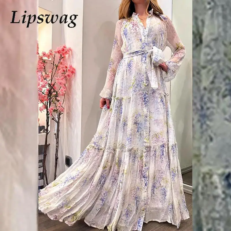 

Women 2024 Chiffon Floral Print A-line Dress Elegant Lace-up Sweet Swing A-line Dress Fall Female Long Sleeve Button Party Dress