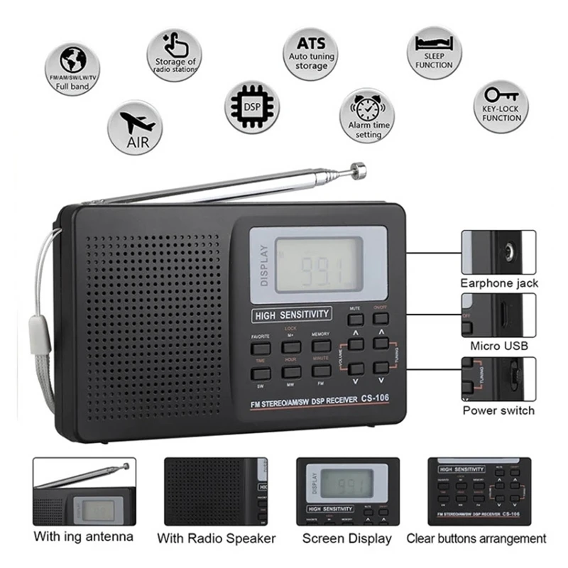 Full Band Radio AM/SW/LW/TV/FM Radio Full Frequency Receiver Receiving FM Radio With Timing Alarm Clock Portable Radio