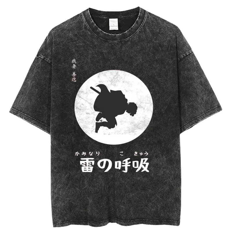 Punk Casual Vintage Washed T-shirt Anime Demon Slayer Oversized Hip Hop Harajuku Mens Tees Streetwear Unisex Tops