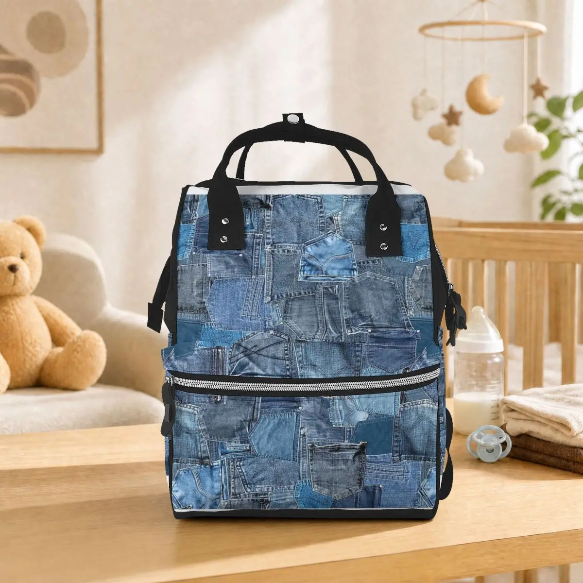 Blue Denim Jeans Pocket Patchwork Student Backpack School Bag Hiking Travel Daypack for Men Women Bookbag Shoulder Bags