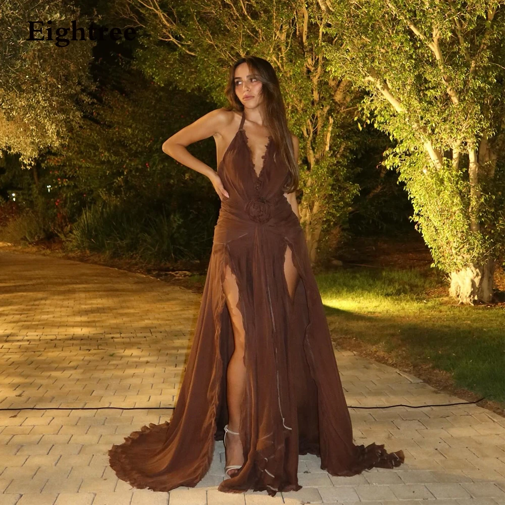 Eightree Summer Beach Party Dress Tied Halter Gowns Brown Celebrity Gown High Slit 2024 Holiday Dresses Backless вечерние платья