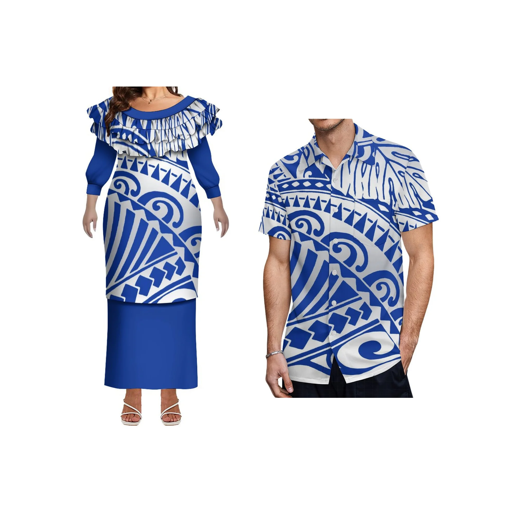 

Новое поступление, подходящая пара одежды, платье Puletasi на заказ, женское платье с длинным рукавом с гавайским принтом, Aloha, мужская рубашка с коротким рукавом, комплект из 2 предметов