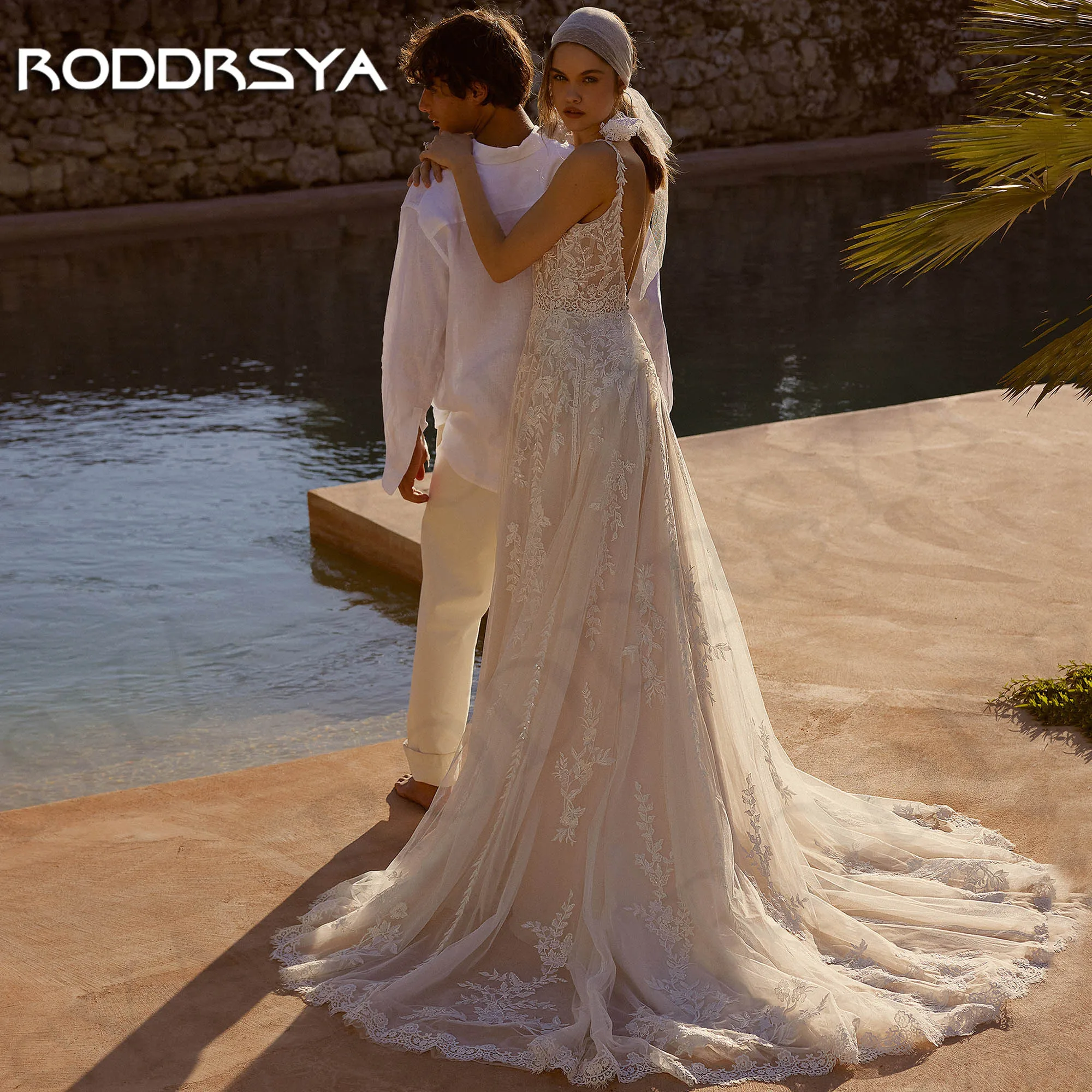 RODDRSYA Beach A Line Lace Wedding Dress Backless Appliques Boho Tulle Bride Dresses Spaghetti Straps V Neck فساتين حفلات الزفاف