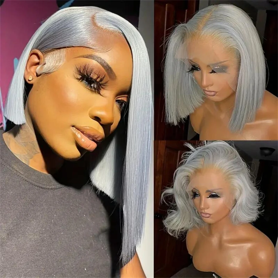 6-16인치 짧은 밥 가발 인모 13x6 투명 레이스 프론트 가발 미리 뽑은 은회색 인모 가발 표백 매듭