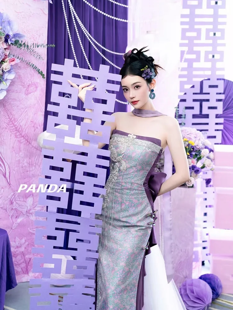 

New Chinese Style Morning Robe Women's Elegant Luxury Bridal Gown Purple Strapless Engagement Dress Custom Made Wedding Dress