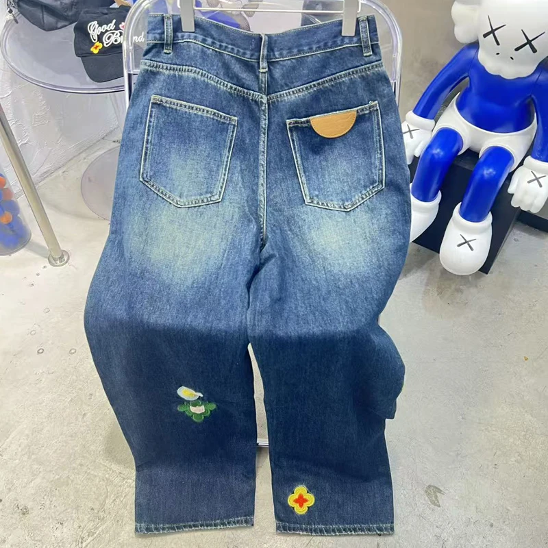 25ss azul escuro neutro all-match goodbrand jeans de perna reta flor bordado estilo unissex casual bom calças