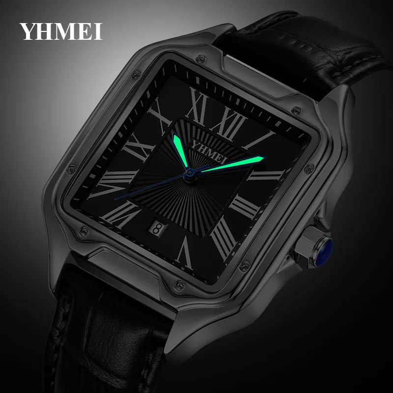 Luxury Watch for Men Square Rectangle Reloj Sliver Orologio Black Leather Band Stainless Steel Quartz Wristwatch Male Man Clock